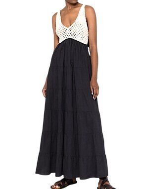 Pinko Crochet-Knit Bow Detail Cotton Poplin Maxi Dress 4 Cream Black